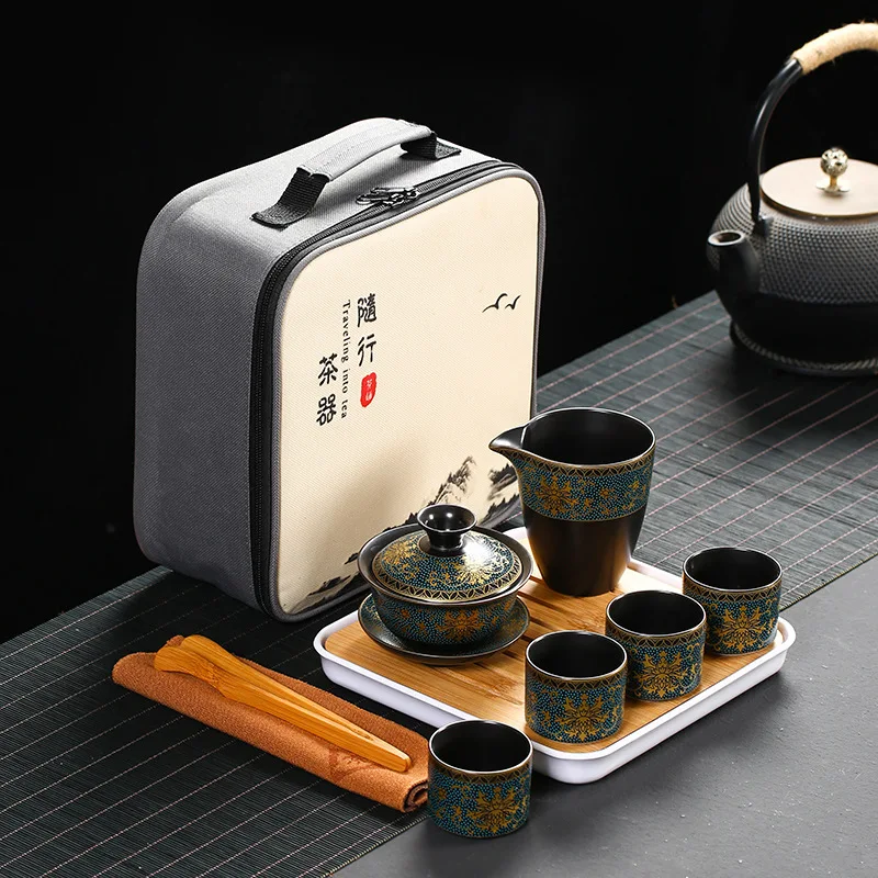 

chinese Enamel Kung Fu Tea Set Travel Teapot Business Gift One Pot Four Cups Fair Cup Tea Tray Teaware Tea Ceremony Set