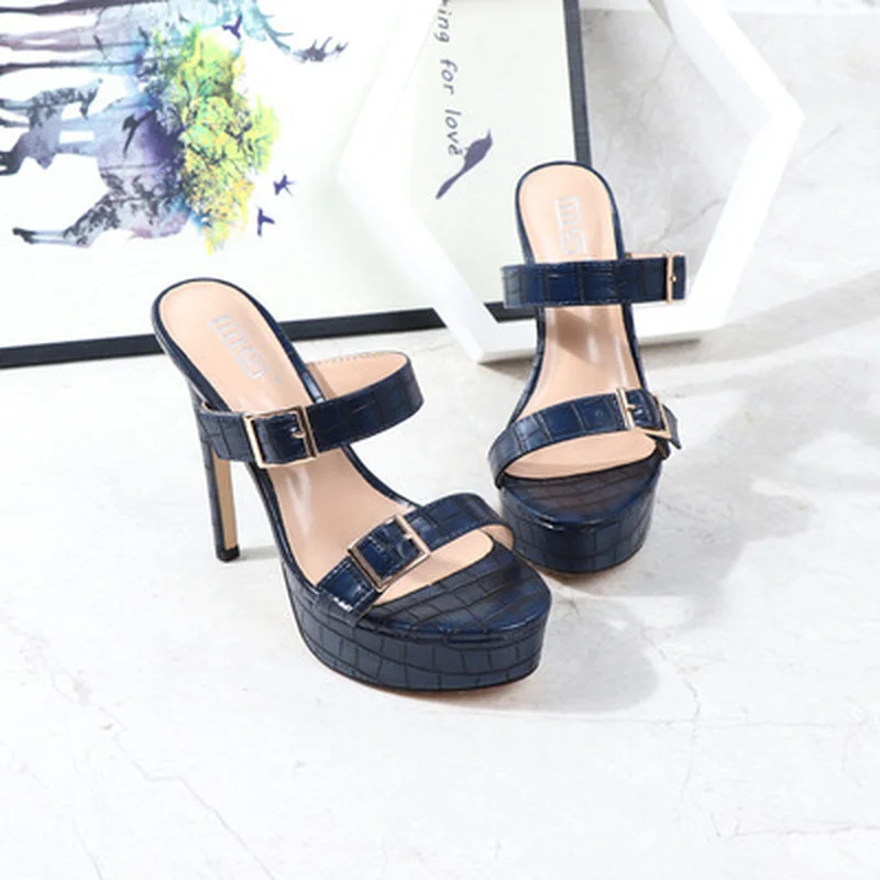 

2021 New Summer Stone Pattern Ultra-high Heel Sandals Slim Heel Belt Buckle Waterproof Platform Slippers Peep-toe Sexy