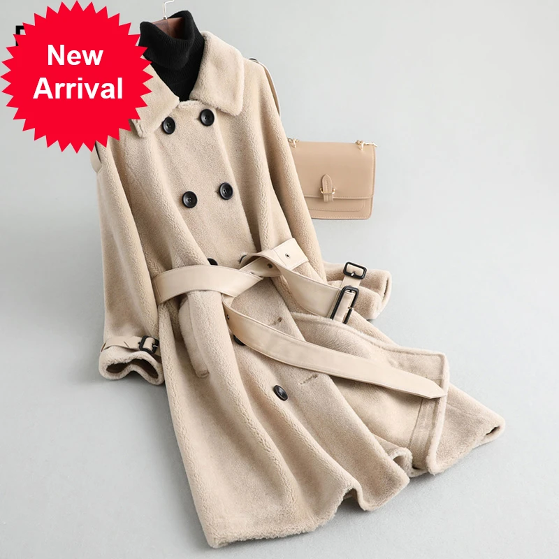 

Женское зимнее меховое пальто с поясом A19046, зимнее теплое пальто из натуральной шерсти, парка большого размера