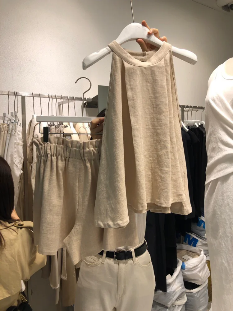 

Хлопковые льняные Женские шорты, летние однотонные свободные футболки с рукавами и широкими штанинами, элегантные женские костюмы, одежда ...