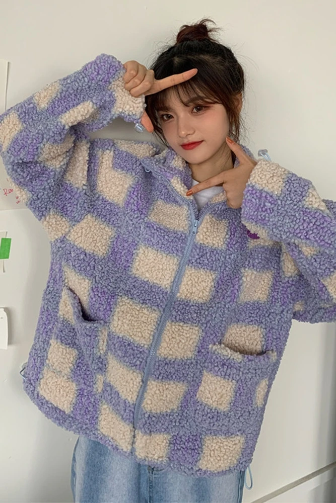 

Purple Plaid Faux Lamb Fur Coat Women's Autumn and Winter All-Matching Sleeve Internet Celebrity Thickened Cotton-Padded Coat