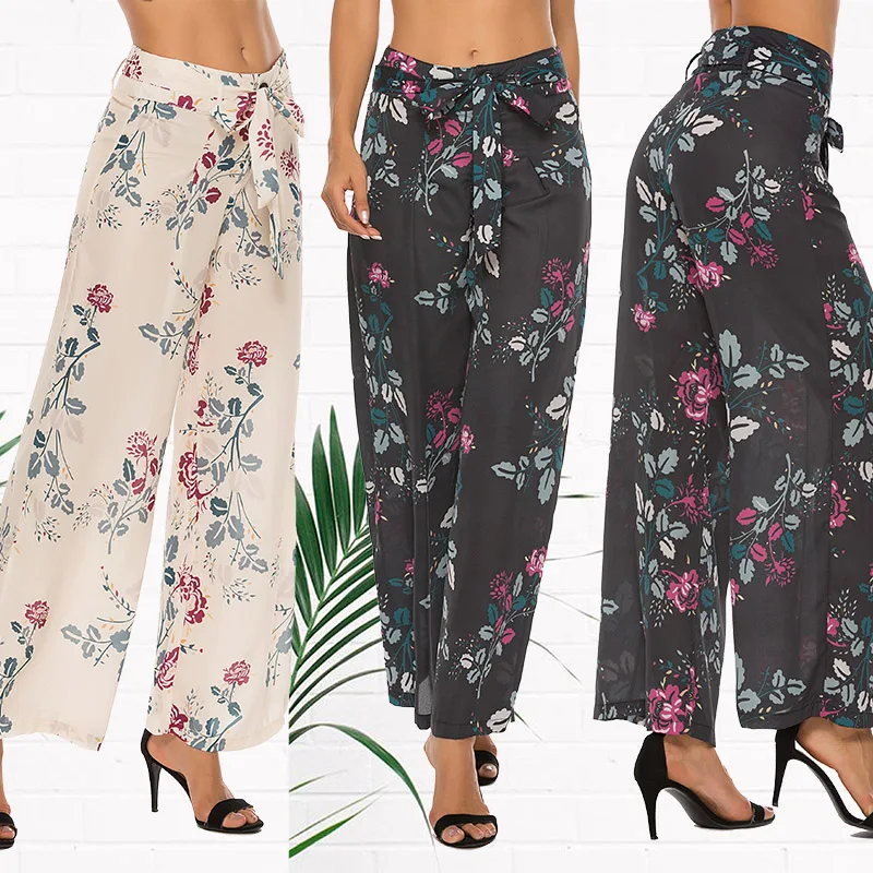 

Women Wide Leg Pants Bohemian Geometric Print Trousers Summer Casual Lace Up Long Pantalon Loose Flare Pants Streetwear