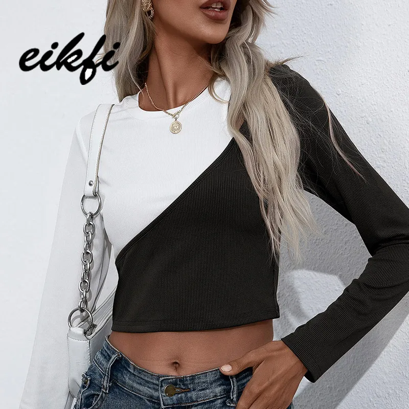 

EIKFI Multicolor Two Tone Patched Women Short Tops Autumn Ladies Sexy Long Sleeve Round Neck Hollow Shoulder Shirts and Tops New