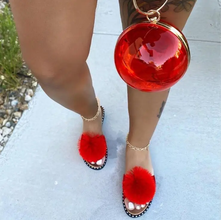 

Spring/summer new 2020 women cute ladies fox fur sandals spherical flat non-slip outdoor all-match fashionable slippers Home ms