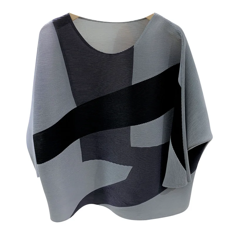 

TVVOVVIN 2021 Summer New Three Quarter Sleeve T-shirt O-neck Loose Printed Simple Large Size Women's Pleated Top G9X8