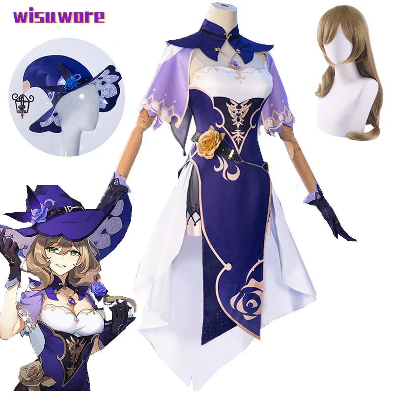 

New Game Genshin Impact Cosplay Lisa Costume Witch of Purple Rose Anime Cosplay Costume The Librarian Sexy Dress with Wig