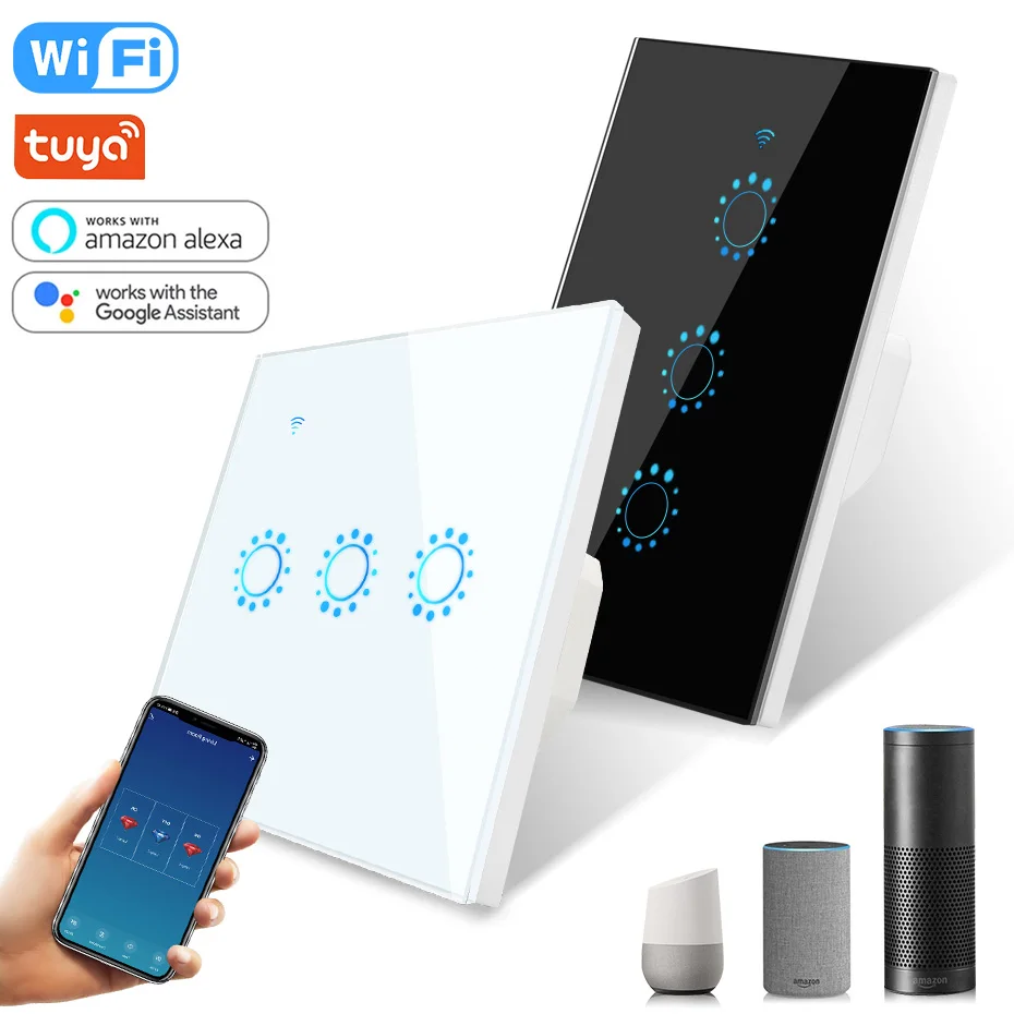 

Tuya WiFi Glass Touch Wall Switch EU/US Standard 10A 220V 1/2/3-Gang Wifi Smart Voice Control Work With Alexa Google Home
