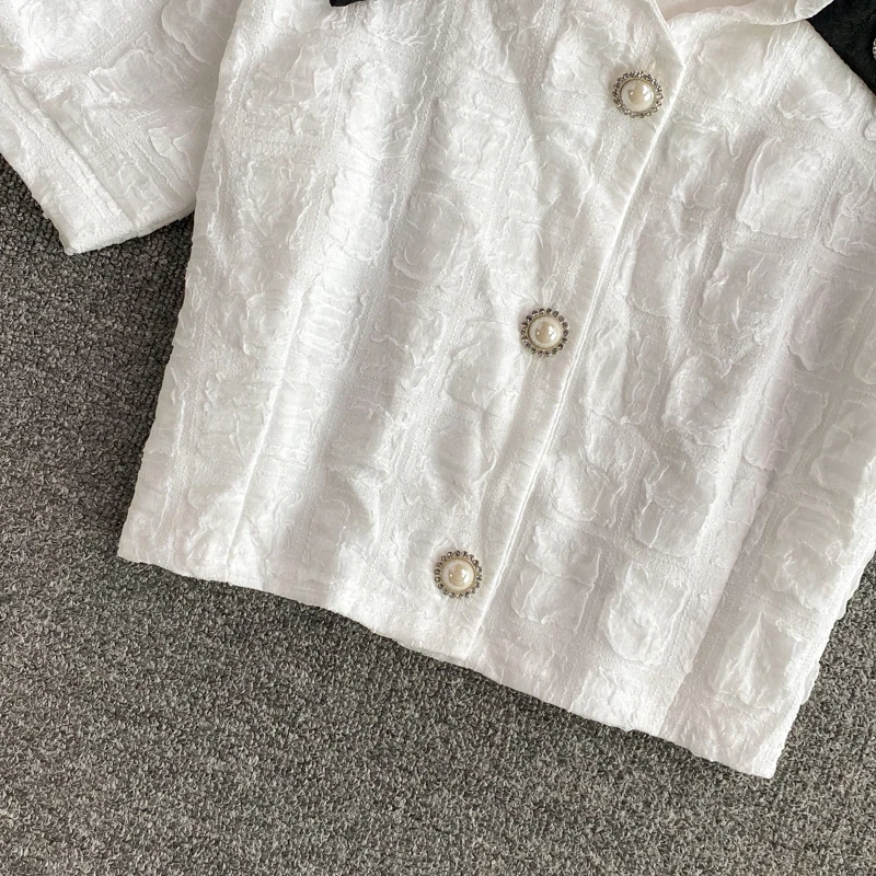 

Fashion Color Contrast Diamond Bow Shirts for Women 2021 Summer New Short Cropped Tops Simple Temperament Blouse for Girls