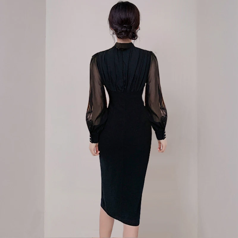 

Spring Autumn High Waist Dress Women Chiffon Lantern Sleeve Fake Two-piece Irregular Hem Split Double-breasted Dresses TA387