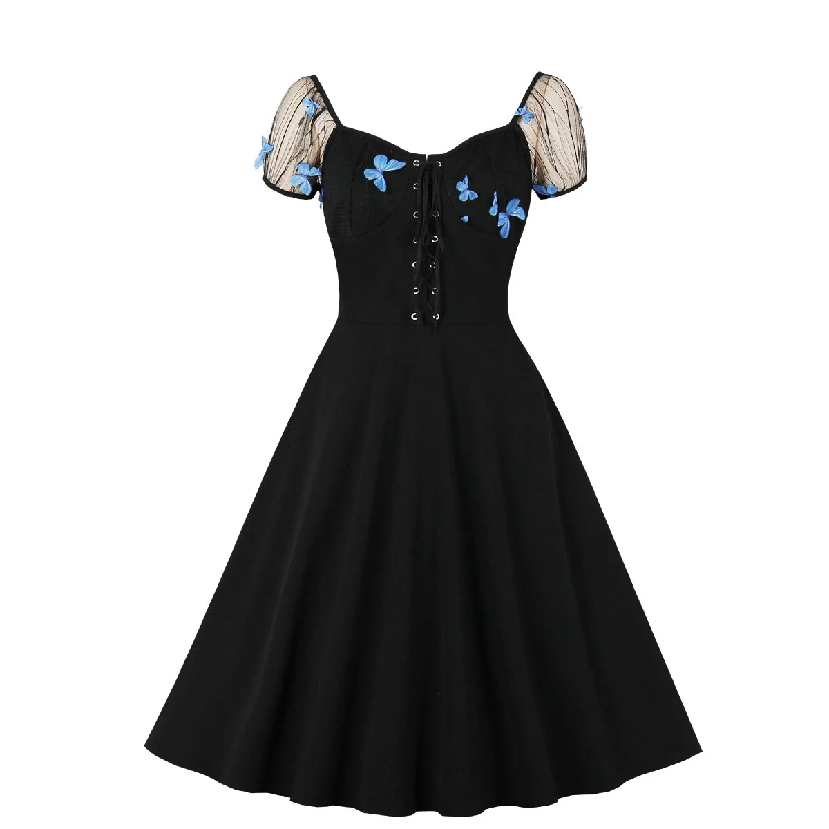Blue Butterfly 3D Gauze Short Sleeve Women Tunic Dress Rockabilly Swing Pin Up Halloween Vintage Female Vestidos