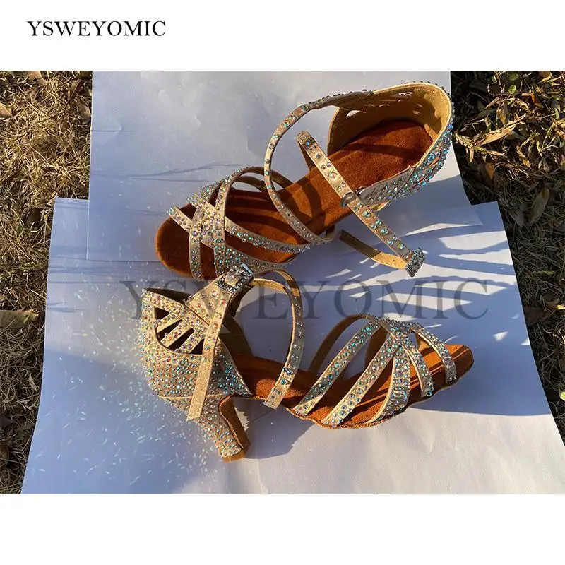 Women Training Latin Ballroom Shoes Customized Color Flesh Khaki Medium Low Heel 6cm Latin Salsa Dance Shoes For Practise
