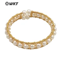 WT-MPB033 Wholesale gold open size wire wrapped gold pearl cuff bangle bohemian vintage pearl beads women bangle for gift