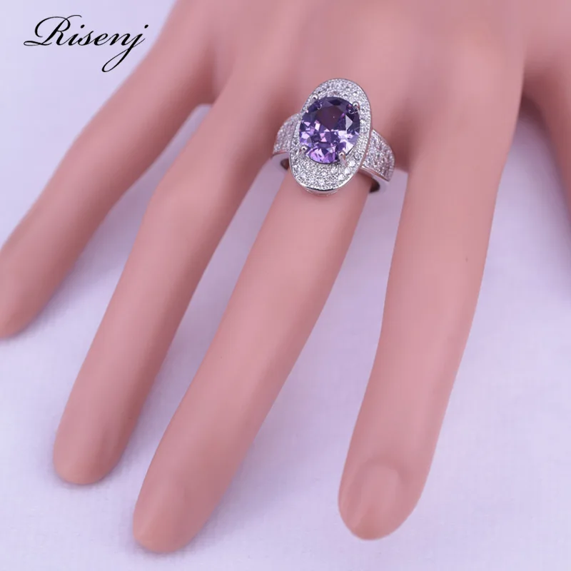 Ожерелье и серьги кольцо серебро 925 пробы Овальный Фиолетовый Циркон аметист