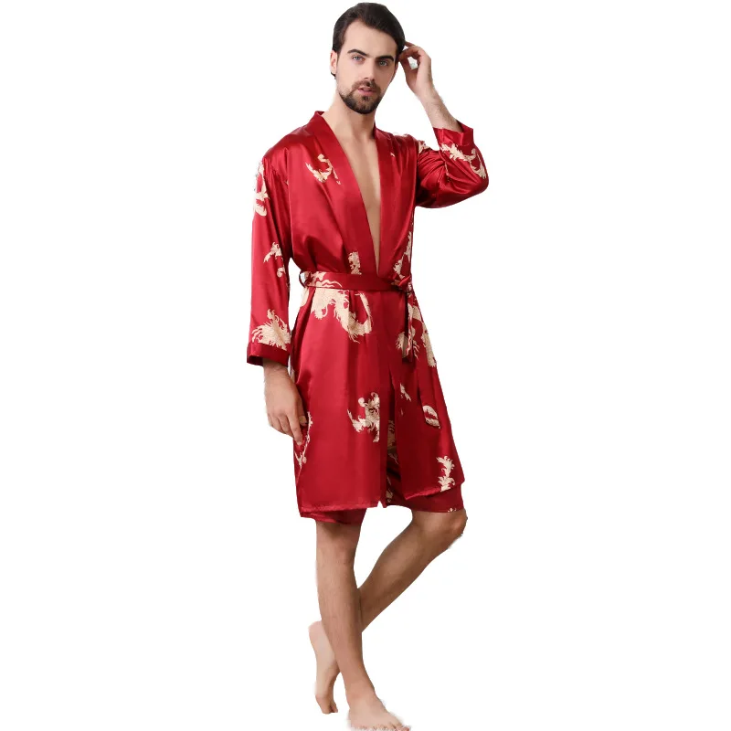 

2020 Male Summer Large Size Black Nighties Dragon Robe Dragon Pattern Men Bathrobe Silk Nightgown Sleepwear One-Piece Pijama