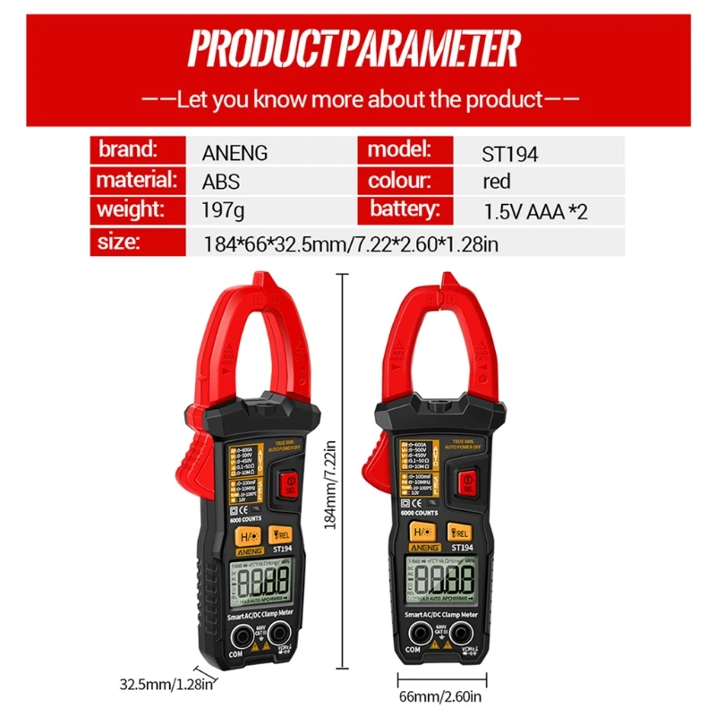 

A-neng ST194 Multimeter Clamp Meter Digital 6000 Count New, Digital Multimeter DC / AC Amp Meter Hz Capacitance Ohm Tool