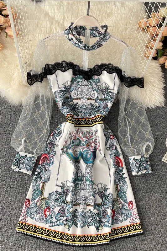 

Ladies dress 2021 new spring and summer women's scheming perspective mesh puff sleeve slim short printed skirt