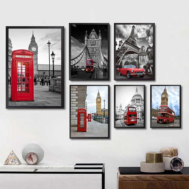 

London red Coated paper poster Bar Cafe High quality Printing Drawing core Nordic decorative paintings