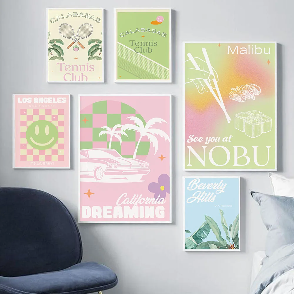 

Retro California Themed Posters Pink Los Angeles Beverly Hills Canvas Painting Mid Century Art Wall Pictures Bedroom Home Decor