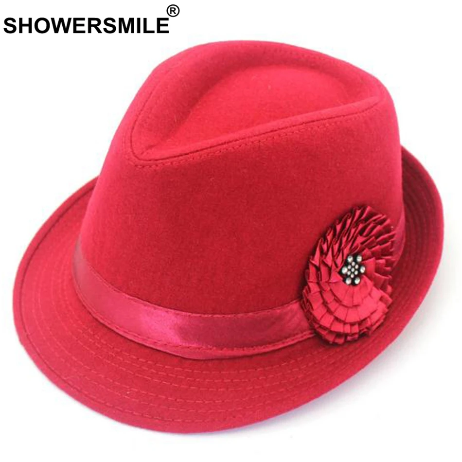 

SHOWERSMILE Red Women Fedora Hat Wool Flower Elegant Jazz Hat Female Btitish Style Vintage Autumn Winter Felt Hat New Fashion