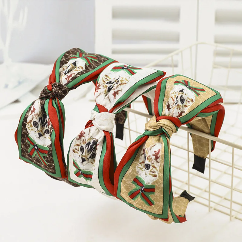 

Kawaii Big Bowknot Hairband Ladies Hair Accessoriess Korean Cartoon Cat Pattern Fabric Headbands