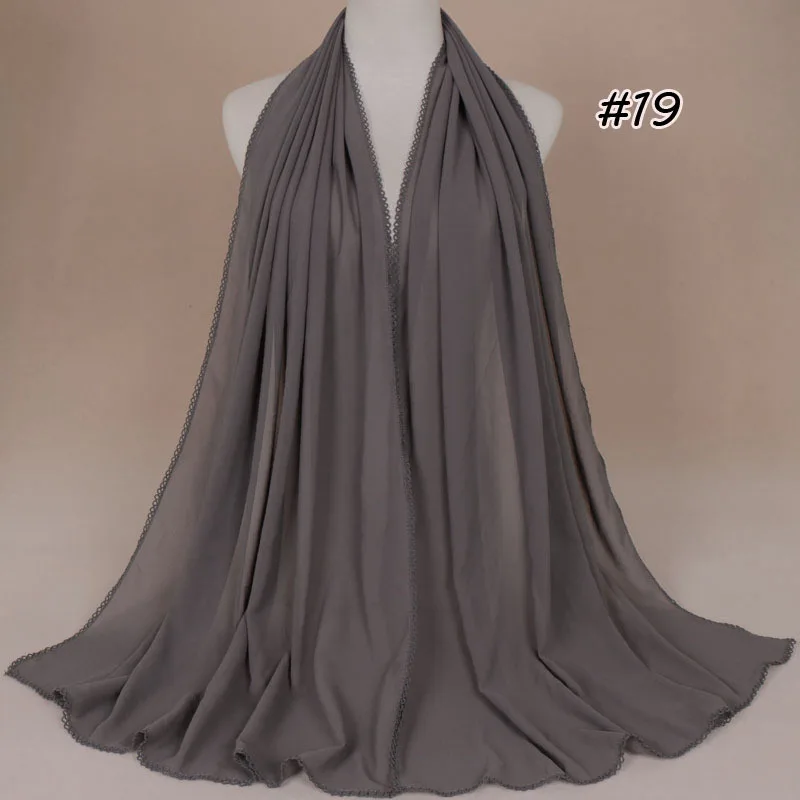 19 Dark grey Женский шифоновый шарф с кружевными краями, мусульманский хиджаб, Весенняя флористическая накидка, шали, обычная длинная повязка на голову, женские шарфы из пашмины - Цвет: 19 Dark grey