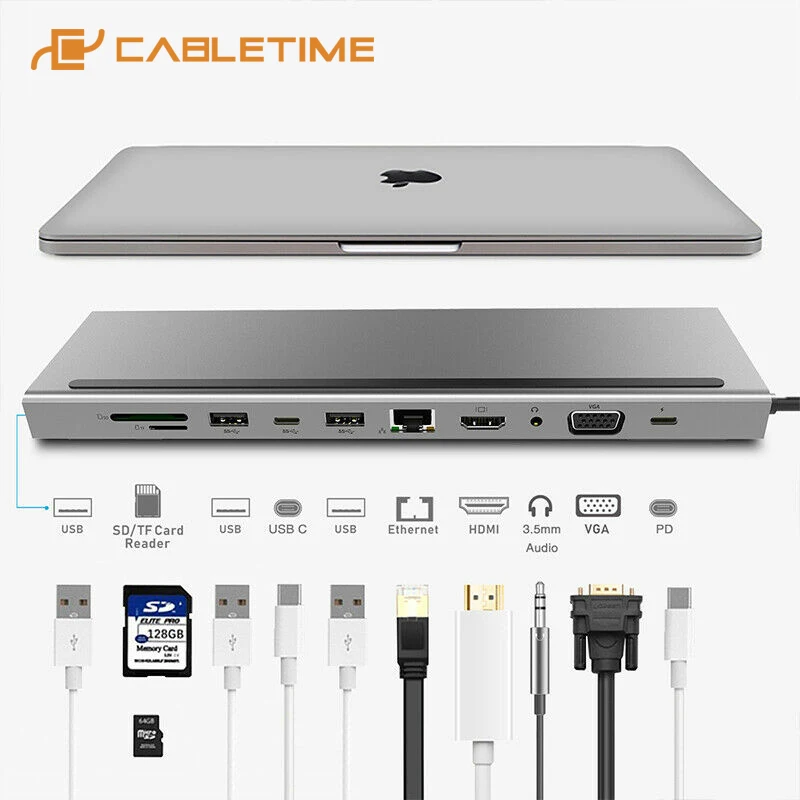 CABLETIME 2020 Тип C концентратор к локальной сети Ethernet HDMI SD кард ридер PD Порты и разъёмы