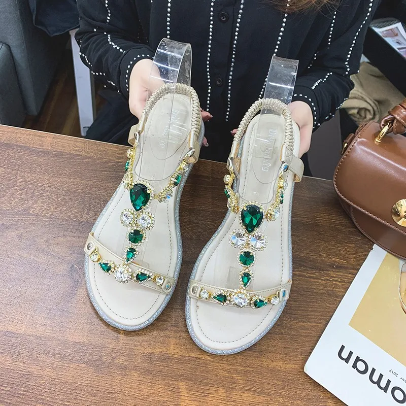 

2020 Fashion Cutouts Women Sandals T Open Toe Low Wedges T-strap Big Rhinestone Bohemian Summer Sandalias Green Casual Shoes