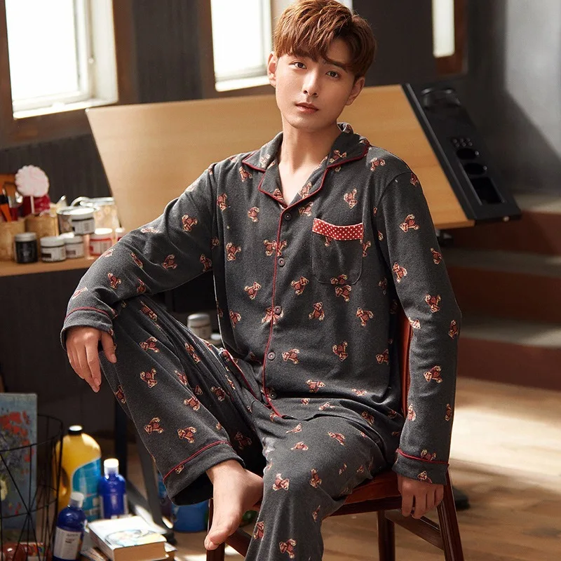 

Sleepwear Women's Cotton 2020 Autumn New Cotton Couple Pajamas Female Korean Cartoon Pattern Men's Home Service Suit Clothes