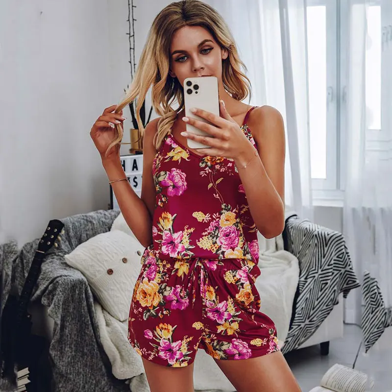 

2021 Summer Floral Pajama Set Women Homewear Loungewear Lounge Wear Set Ladies Sleepwear Pjs Women Nightwear