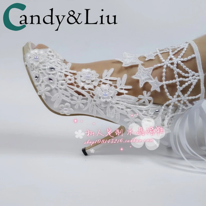 

Women Shoes Tassel lace wedding Shoes fish Mouth Open Toe High Spike heels Party Bride White Satin Pumps Sandal platform