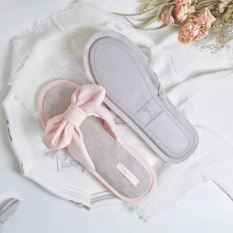 Корейские милые домашние тапочки с бантом женская обувь простые шлепанцы мягкие