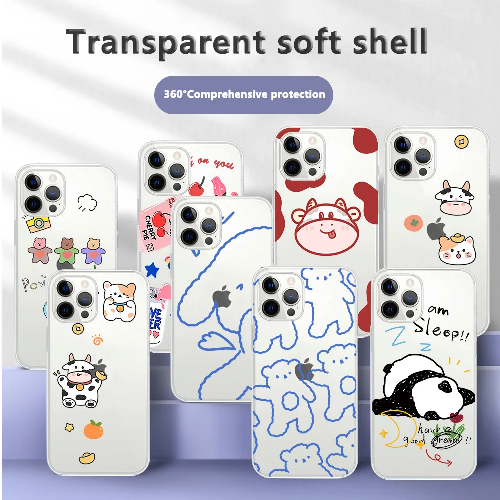 

Cute Cartoon Bear Pattern Clear Phone Case For iPhone 11 13 Pro Max 12 Mini Pro Max 7 8 Plus XR XS Max SE 2020 Soft TPU Cover