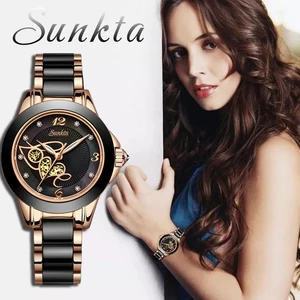 Женские Водонепроницаемые кварцевые часы SUNKTA, с керамическим ремешком и алмазной поверхностью