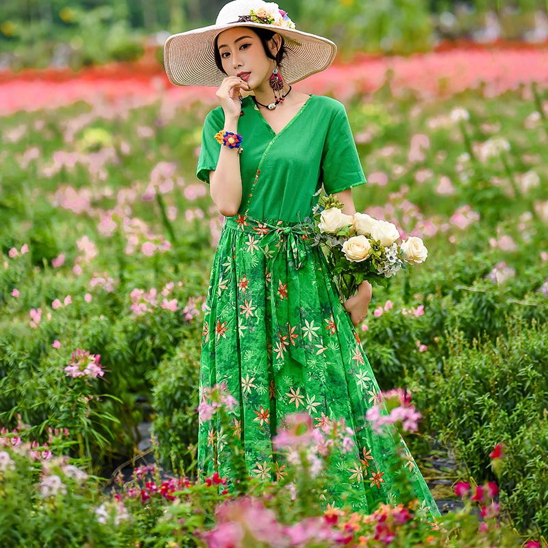 Spring Summer Vintage Dress Women Floral Boho Long Beach Party Maxi Green Women's Dresses V Neck Vestido KJ4010 | Женская одежда