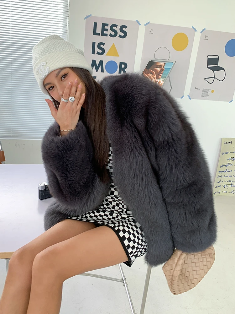 Mid-length Women Real Fox Fur Coat V-neck Dark Grey Natural Whole Skin Genuine Fox Fur Jacket Thick Warm Fur Overcoats Luxury