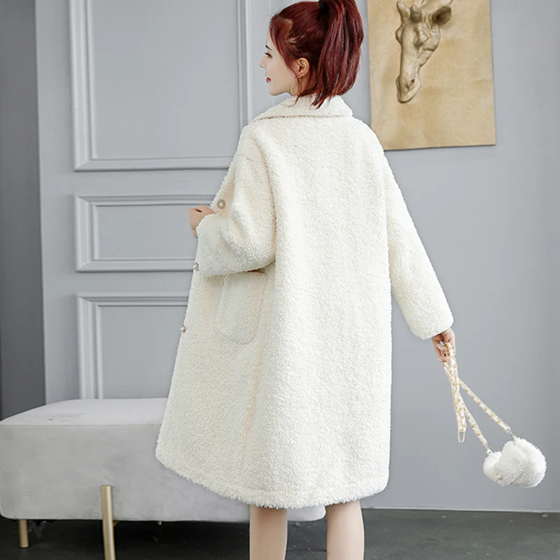 

Lucyever Sweet Mid-long Faux Lamb Fur Coat Womens 2020 Winter Christmas Pearl Buttons Coats Woman Vintage Send Bag Overcoat Lady