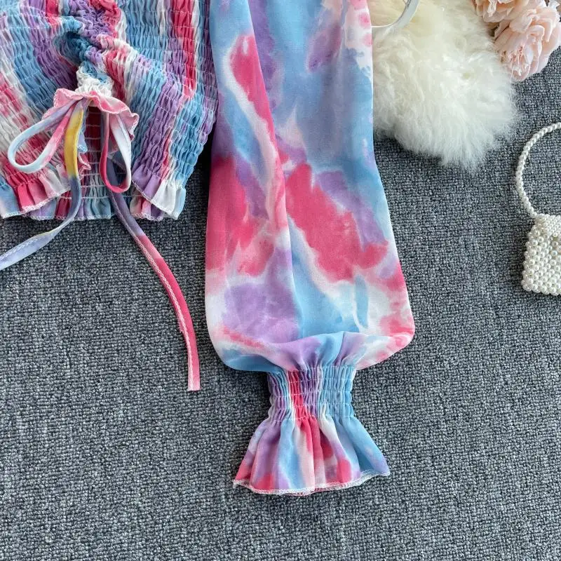 

Design Gradient Color Blouse Women Elastic Drawstring Ruched Slim Tops Summer Korean Fashion Chiffon Short Blouses