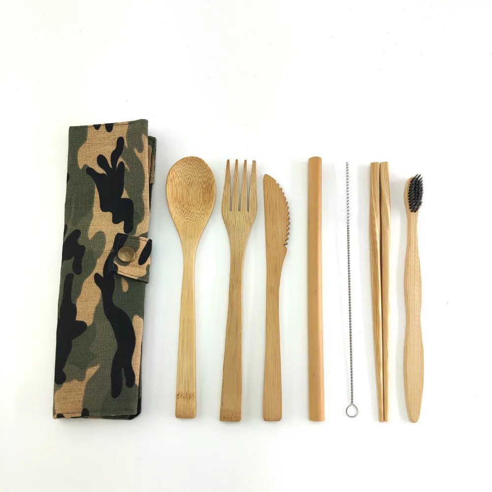

Portable Eco Friendly Flatware Set 7PCS Bamboo Cutlery Set Knife Fork Spoon Reusable Straws Chopsticks Bamboo Travel Utensils