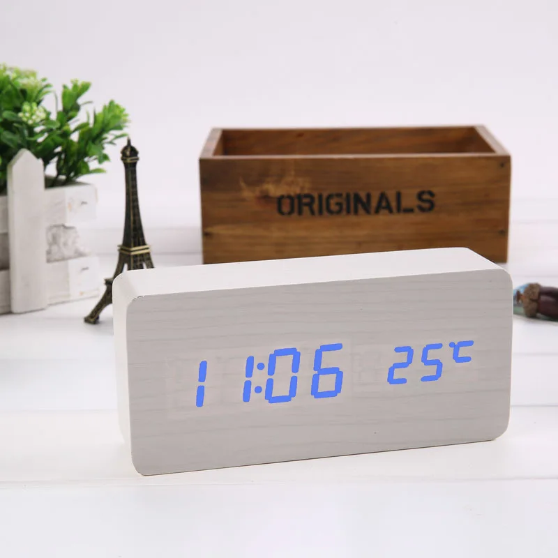 Электронные настольные часы светодиодный Деревянный Будильник голосовое