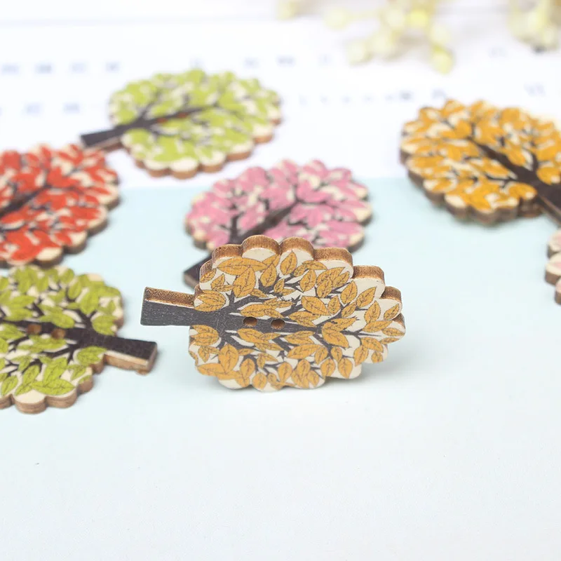 

Jiwuo 50pcs 32*28mm New Small Tree Wooden Buttons Creative Hand-painted Children DIY For Clothing Scrapbooking Decoration
