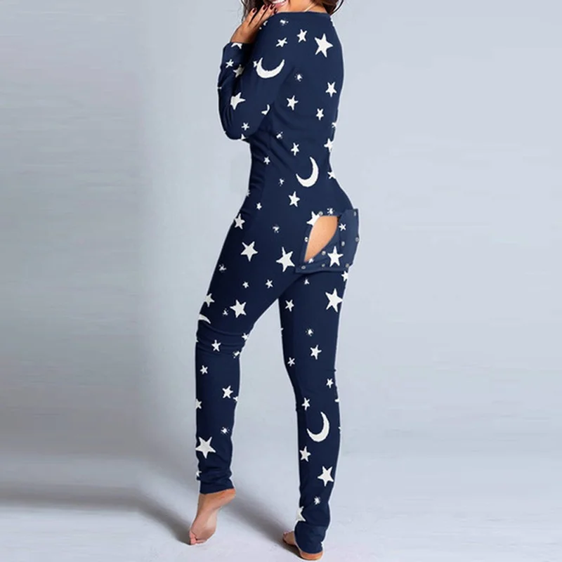 

Women's Sexy Pajamas Functional Buttoned Flap Adults Nightwear Button-down Front Deep V-neck Jumpsuit Long Sleeve Home Sleepwear