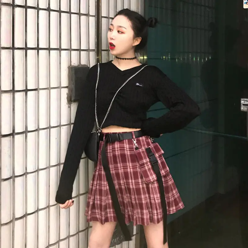 Элегантная Высокая талия с поясом на молнии лента карман плиссированная мини