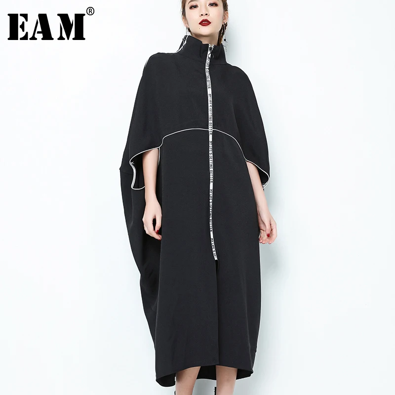 [EAM] 2019 новый пружинная подставка воротником с длинным рукавом черное на молнии
