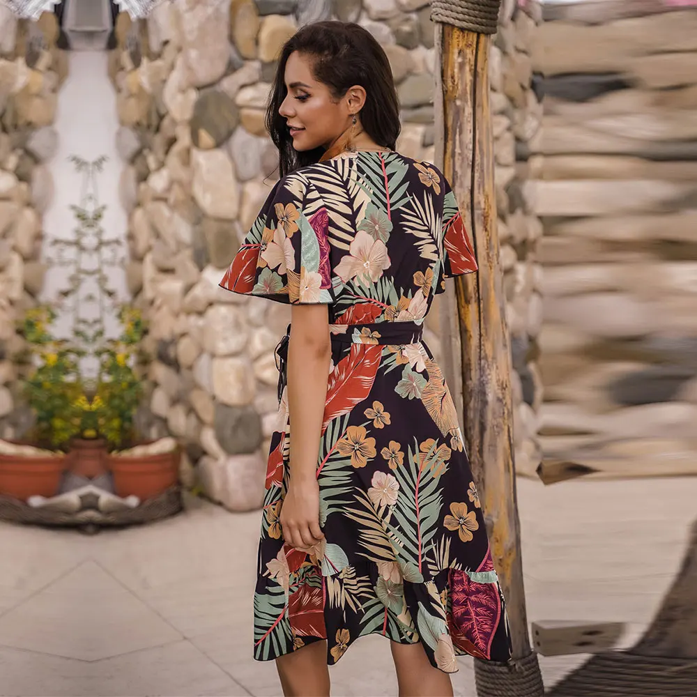 

2021 Spring Summer New Floral Dress Women V Neck Butterfly Sleeve High Waist Print Knee Length Asymmetrical Dresses Ladies