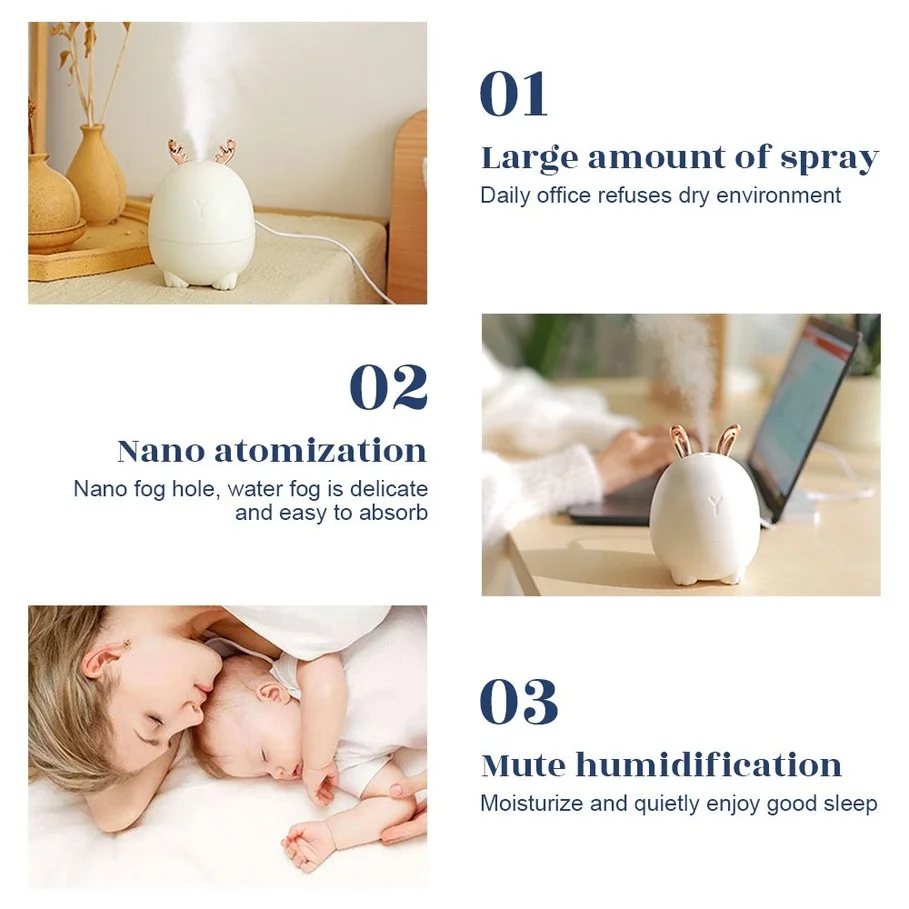 

2021 Deer & Rabbit Ultrasonic Air Room Humidifier Para Auto 320ML Aroma Essential Oil Diffuser for Home USB Fogger Mist Maker
