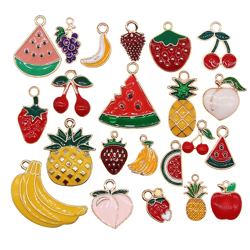 

10pcs/lot Cute Fruit Enamel Watermelon Peach Cherry Apple Pineapple Strawberry Banana Charm Pendant For DIY Jewelry Findings