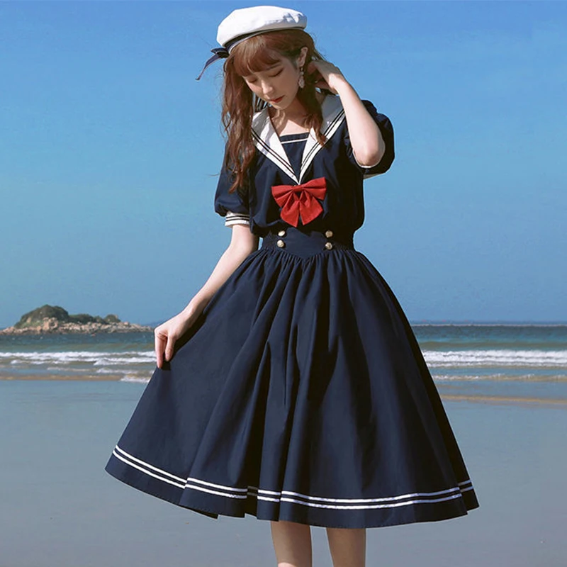 

Harajuku Sailor Collar Navy Dress Womem Japanese Lolita Sweet Bow-Knot Girls Cotton Kawaii Preppy Style Long Sleeve A-line Dress