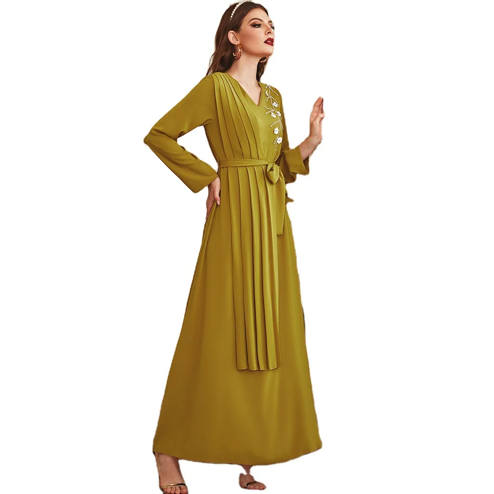 

Горчичный желтый ручной работы алмаз цветок плиссированные исламское платье Абая одежда мусульманское вечернее платье джилбаб джеллаба ...
