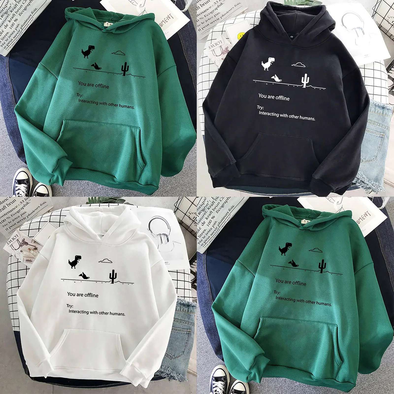 3color Oversized Korean Women Hooded Dinosaur Printed Sweatshirt Long Sleeve Casual Pullover Shirt Couple Wearтолстовка