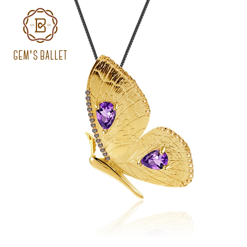 GEM'S BALLET, серебро 925 пробы, натуральная брошь с аметистом, золото, Helf, Бабочка, подвеска, для женщин, ручная работа, хорошее ювелирное изделие